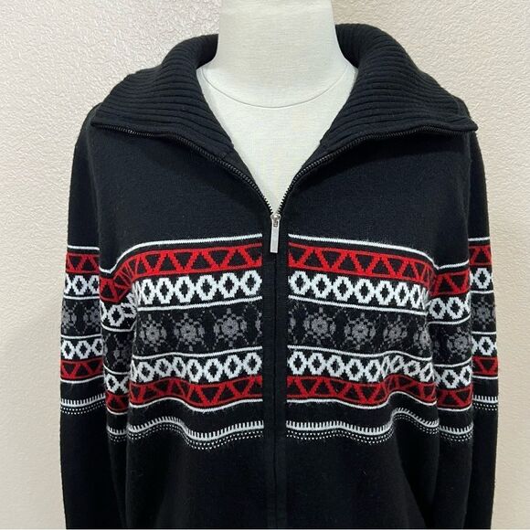 Josephine Chaus Fair Isle Full Zip Black Sweater Large - Picture 4 of 11